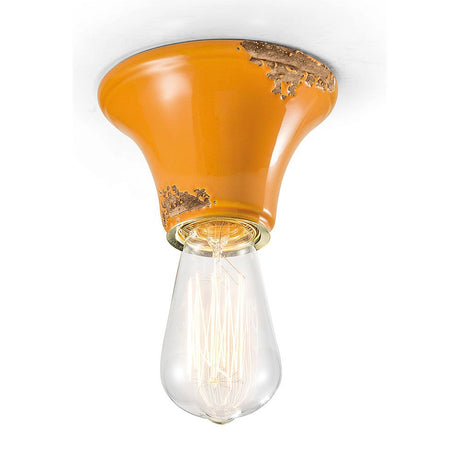Ferroluce Vintage Deckenleuchte Ø 12,5cm in Orange mit vintage Designelementen und gläserner Lampe.