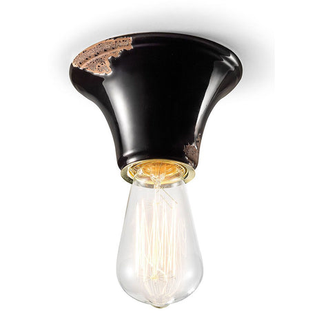 Ferroluce Vintage Deckenleuchte Ø 12,5cm in elegantem Schwarz mit Glühbirne, ideal für stilvolle Wohnräume.
