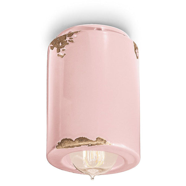 Ferroluce Vintage Deckenleuchte Ø 8,5cm aus rosa Keramik mit dekorativer Goldoptik, runde Deckenlampe im Vintage-Stil