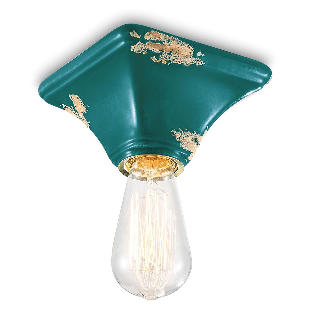 Ferroluce Vintage Deckenleuchte aus Keramik im eckigen Design, 9cm, mit goldfarbigen Akzenten und grünem Finish.