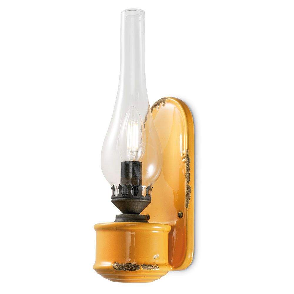 Ferroluce Vintage Keramikwandleuchte in gelb, handgefertigte Wandlampe im eleganten Öllampen-Stil.