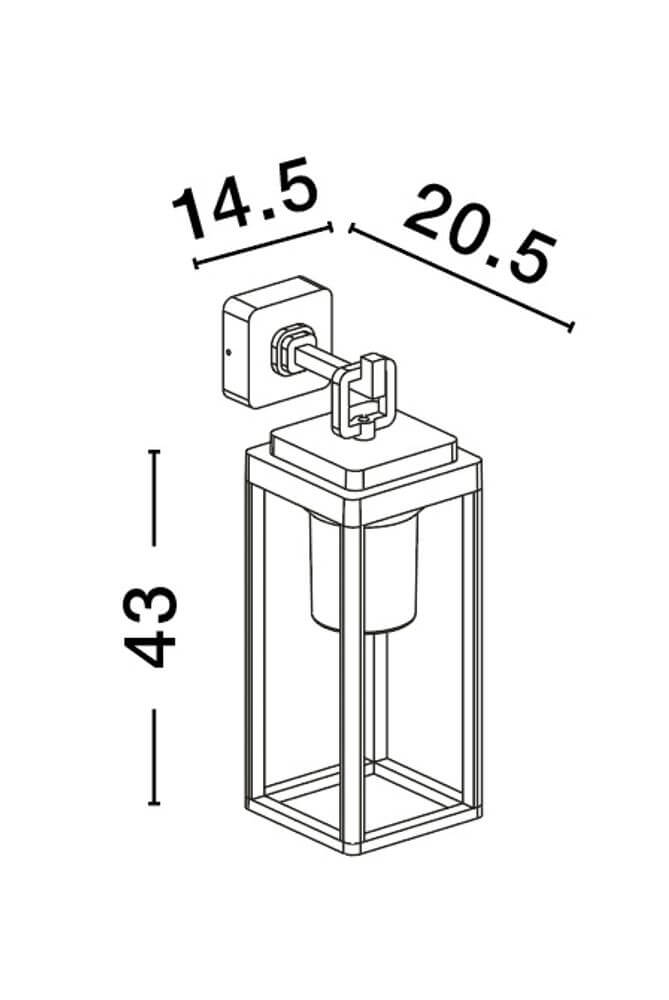 Technische Zeichnung der Figo Außenwandleuchte Up Anthrazit IP65 mit Abmessungen 14.5 x 20.5 x 43 cm.