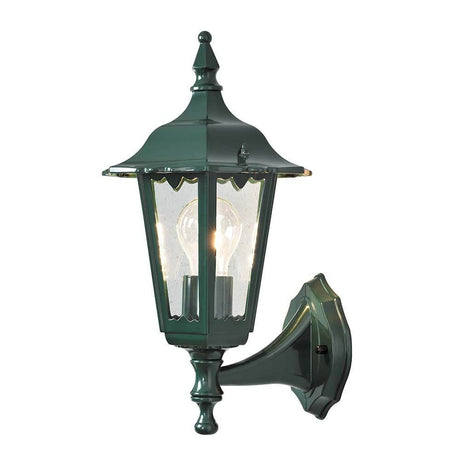 Applique extérieure Firenze en forme de lanterne verte, verre transparent avec un design élégant et des éléments en verre transparent.