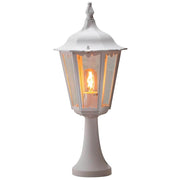 Lampadaire de socle Firenze blanc, verre transparent avec un design élégant et une lumière chaude pour des espaces extérieurs raffinés.
