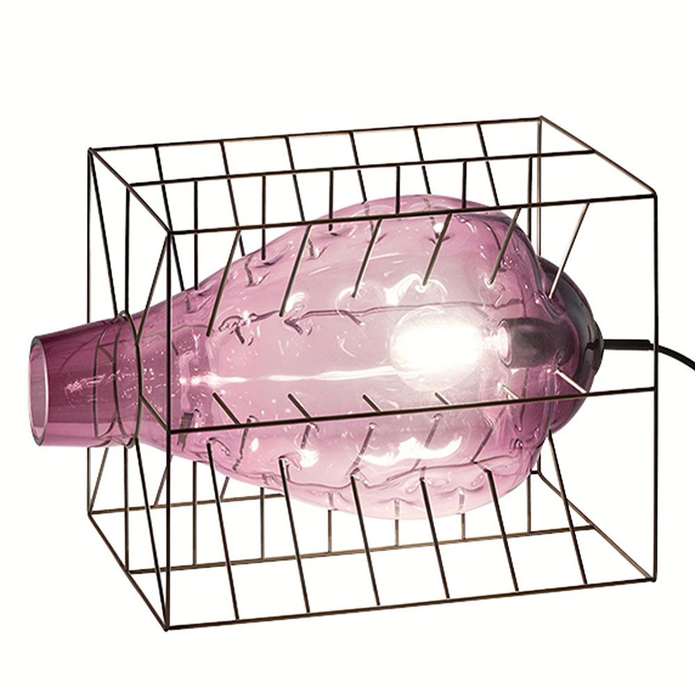 Handgefertigte Tischlampe aus Muranoglas im Stahlkäfig, glühendes pinkes Glasdesign als dekorativer Blickfang.