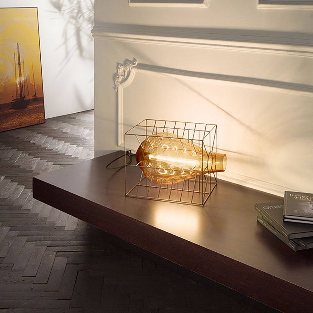 Attimo Tischlampe mit handgefertigtem Muranoglas und Stahlrahmen, kreativ in einem Käfig-Design.
