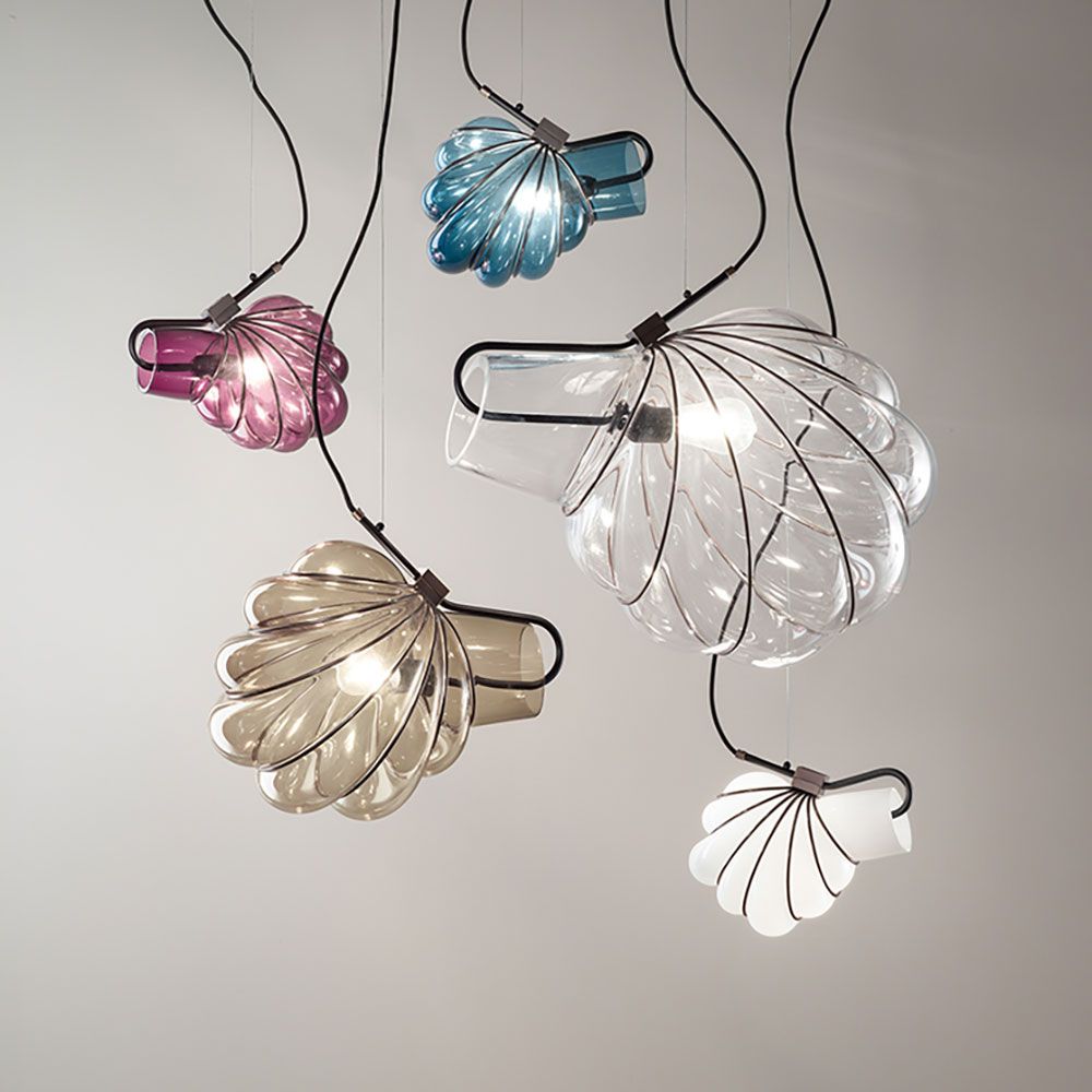 Dedicato Hängelampe Muranoglas Metallrahmen, farbige Hängeleuchten in einzigartiger Form mit Metallspirale.