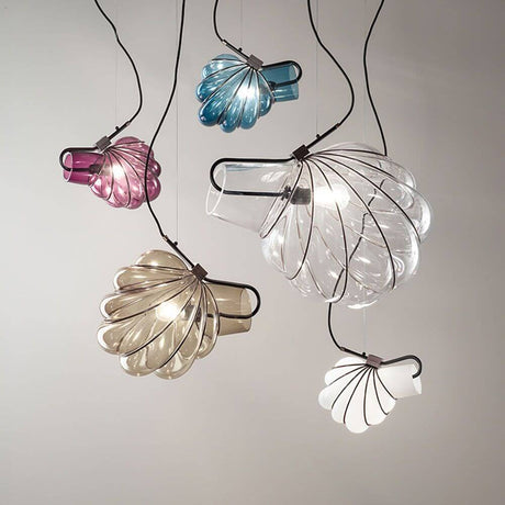 Dedicato Hängelampe Muranoglas Metallrahmen, farbige Hängeleuchten in einzigartiger Form mit Metallspirale.
