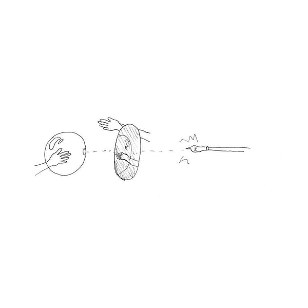 Illustration von der Interaktion zwischen Händen, einer Kugel und einer Fläche.