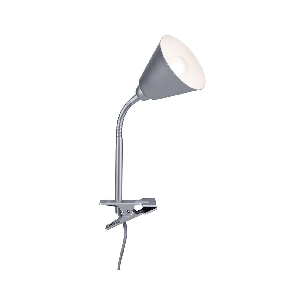 Flexible Klemmlampe Vitis in Grau mit Schnurschalter und robustem Klemmmechanismus.