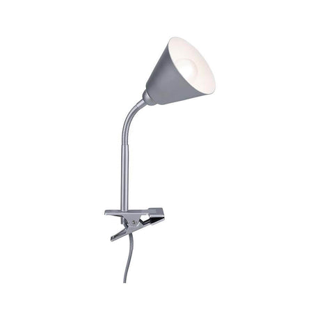 Flexible Klemmlampe Vitis Schnurschalter Grau mit flexibler Halterung und Montageanleitung.