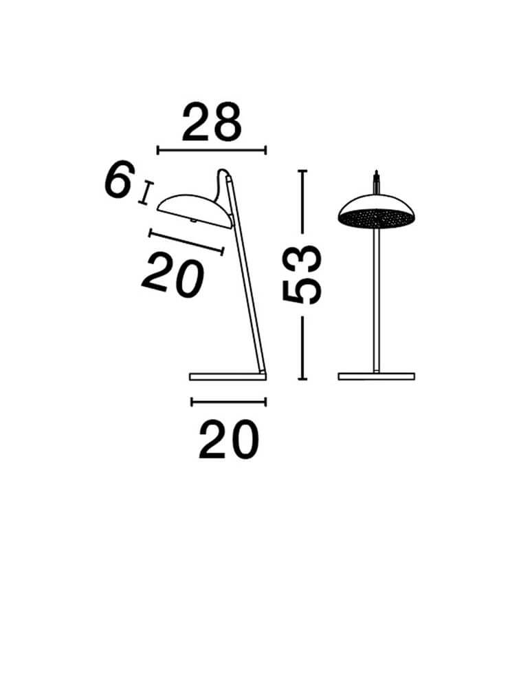 Flute LED Tischleuchte H 53cm 3000K technische Zeichnung mit Maßen 53cm Höhe und 28cm Breite.