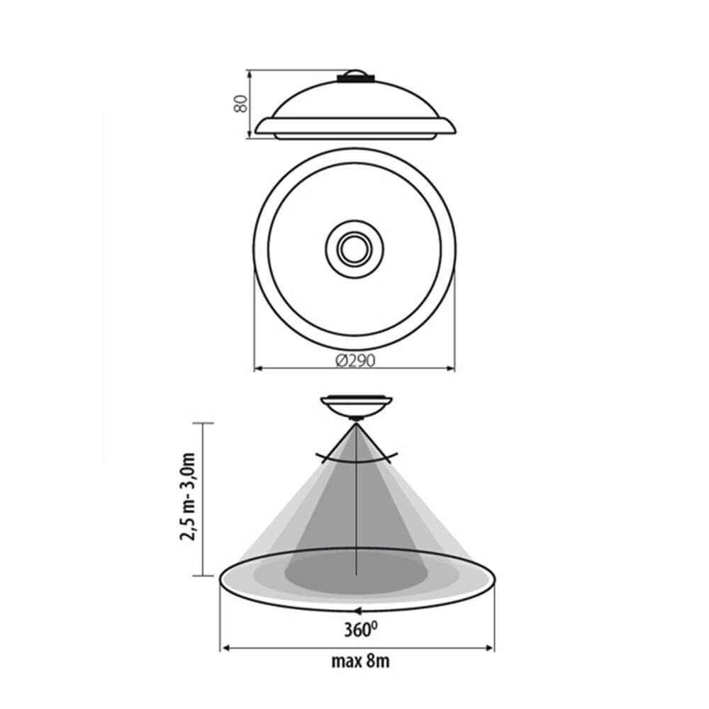 Technische Zeichnung der Fogler Sensor LED Deckenleuchte Ø 29cm 800lm Weiß mit 360° Erkennungswinkel.