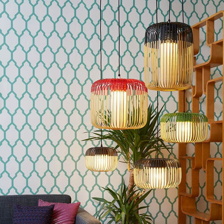 Forestier Bamboo Light pendant light in a modern living environment with colorful lampshades.