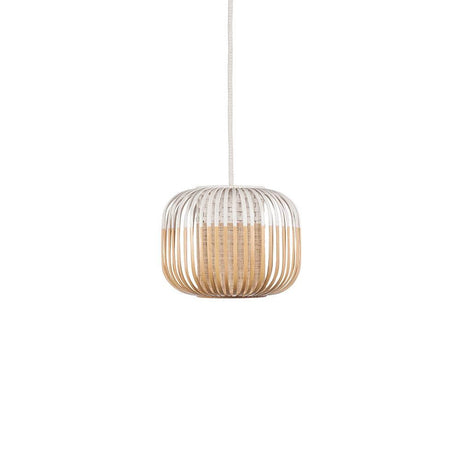 Forestier Bamboo Light pendant light with a cylindrical, braided bamboo design in two colors.