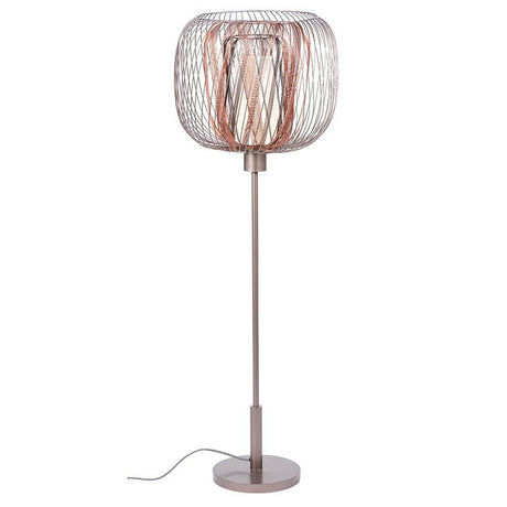 Forestier Design-Stehlampe Bodyless in Pink Grey mit geometrischem Metallmuster und weißem Leinen-Diffusor.