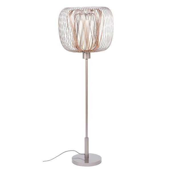 Forestier Design-Stehlampe Bodyless in modernem Design mit gewebtem Metall und weißem Leinen-Diffusor.