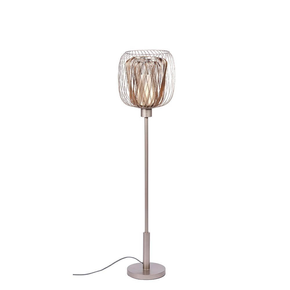 Forestier Design-Stehlampe Bodyless mit gewebtem Metall und weißem Leinen-Diffusor.