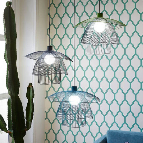 Forestier pendant light Papillon Ø 56 cm in three different sizes, decorative lighting, against a geometric background.