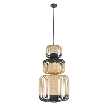 Forestier Kombi-Hängeleuchte Bamboo Totem 3-flammig in Bambus und Schwarz, laternenähnliche Silhouette mit gewebtem Diffusor.