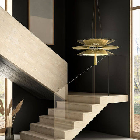 Forestier pendant light Gravity 2 Ø 68 cm in a modern space, hanging over a staircase, elegant design.