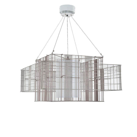 Forestier Pendelleuchte Mesh Cubic 60cm mit modernem Lagenlook und drei unterschiedlich geformten Schirmen.