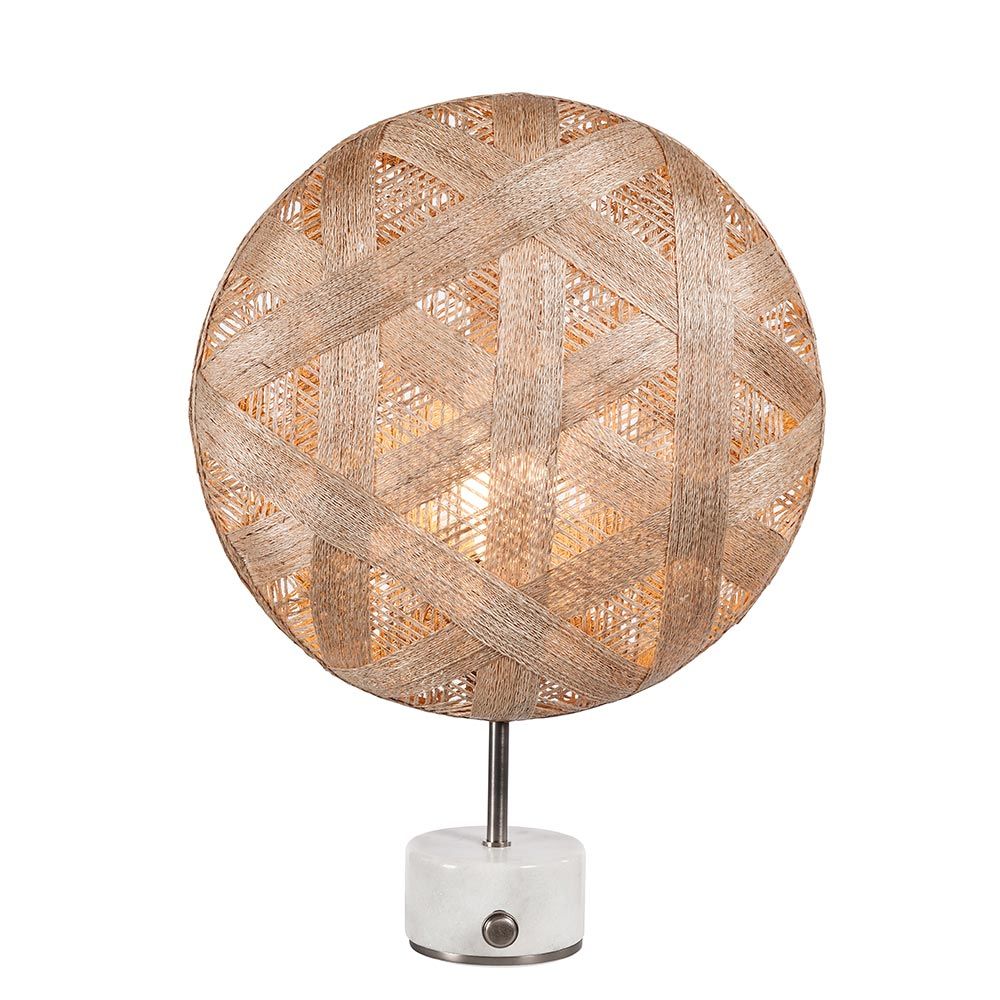 Forestier Tischlampe Chanpen Hexagonal mit runder Hanffaser-Leuchte und Drehdimmer für gemütliches Licht.