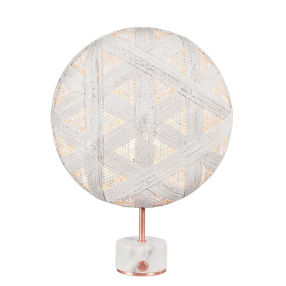 Forestier Tischlampe Chanpen Hexagonal mit rundem, Hanffasern bespannten Schirm und Drehdimmer.