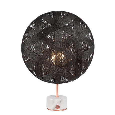 Forestier Tischlampe Chanpen Hexagonal mit runden, hanffaserbespannten Schirm und Drehdimmer.
