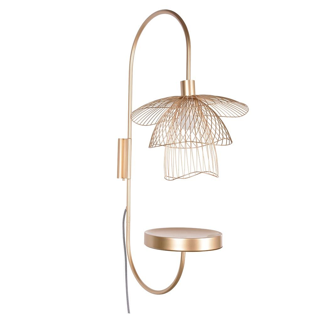 Forestier Wandlampe Papillon 70cm mit Abstelltisch, goldene Wandleuchte mit luftigem Leuchtenschirm und integriertem Tisch.