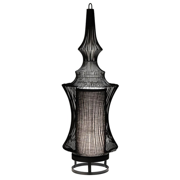 Forestier organische Design-Tischleuchte Tibet, schwarze Tischlampe mit zylindrischem Schirm und Metalldrahtgestell