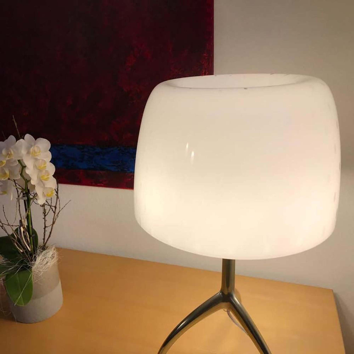 Lumiere 30th Grande Tavolo Tischleuchte Weiß auf einem Holz-Tisch mit einem hintergrundbild und blühenden Pflanzen.