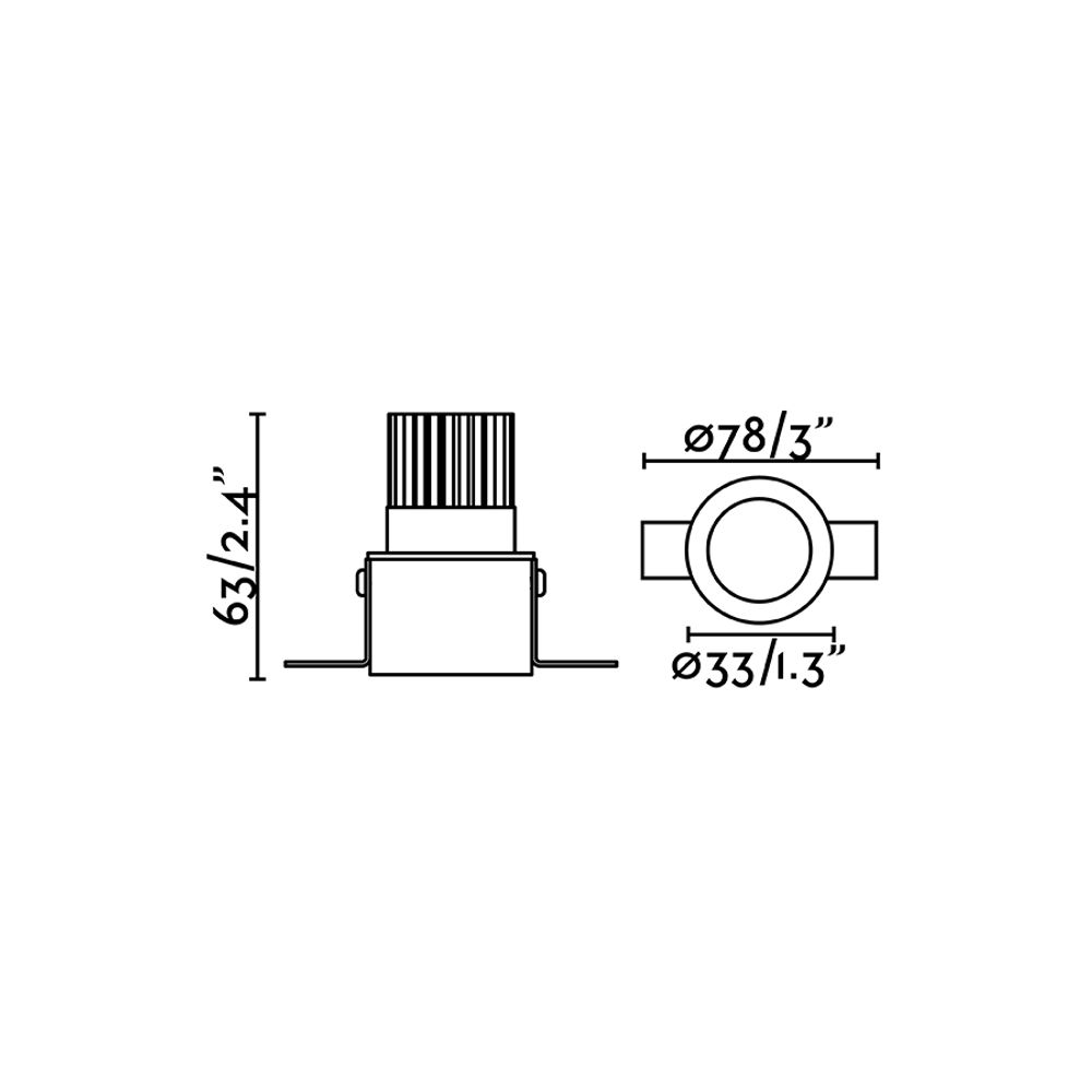 Fox LED Downlight Rahmenlos Schwarz technische Zeichnung mit Maßen und Details für Deckeneinbauleuchte.