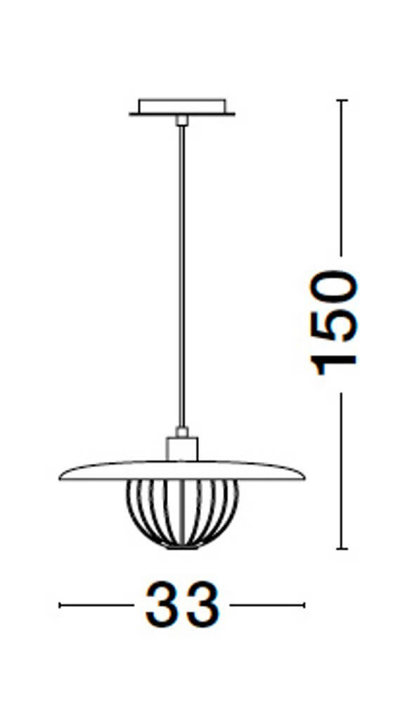 Technische Zeichnung der Fox Pendelleuchten Ø 33cm mit Abmessungen von 33cm und 150cm.