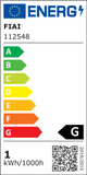 Energieeffizienzlabel mit G-Klassifizierung und Verbrauch von 1 kWh/1000h für Haushaltsgeräte
