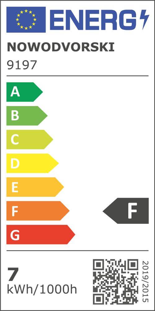 Energieeffizienlabel von NOWODVORSKI mit der Kennzeichnung F und Angaben zu 7 kWh/1000h.