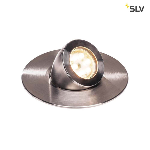 GIMBLE OUT 150 LED recessed floor light stainless steel 316 3000K 36° IP67 with round trim and LED module.