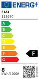 Energieeffizienzlabel der EU mit der Bewertung F, zeigt den Stromverbrauch eines Produkts in kWh/1000h.
