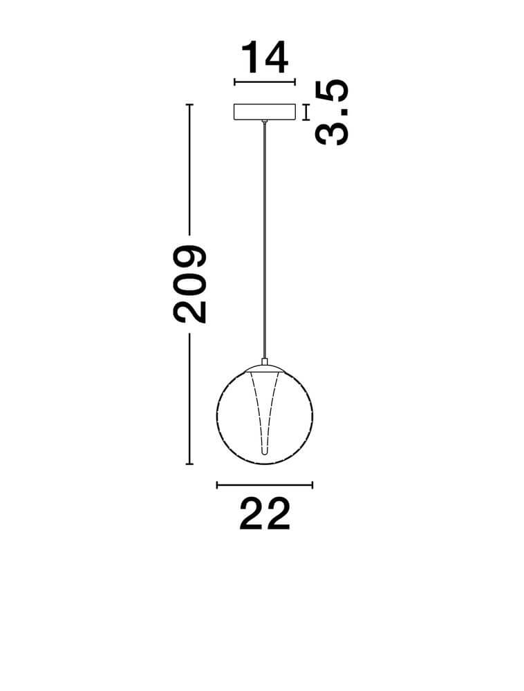 Galeo Pendelleuchte Ø 22cm 3000K Gold – technische Zeichnung mit Maßen 22 cm Durchmesser, Gesamthöhe 209 cm, Baldachin 14 x 3,5 cm
