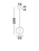 Galeo Pendelleuchte Ø 22cm 3000K Gold – technische Zeichnung mit Maßen 22 cm Durchmesser, Gesamthöhe 209 cm, Baldachin 14 x 3,5 cm