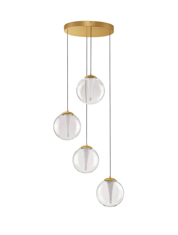 Galeo Pendelleuchte 4-flammig Ø 56cm 3000K Gold mit vier runden Glas-Kugelschirmen und mattem Goldfinish.
