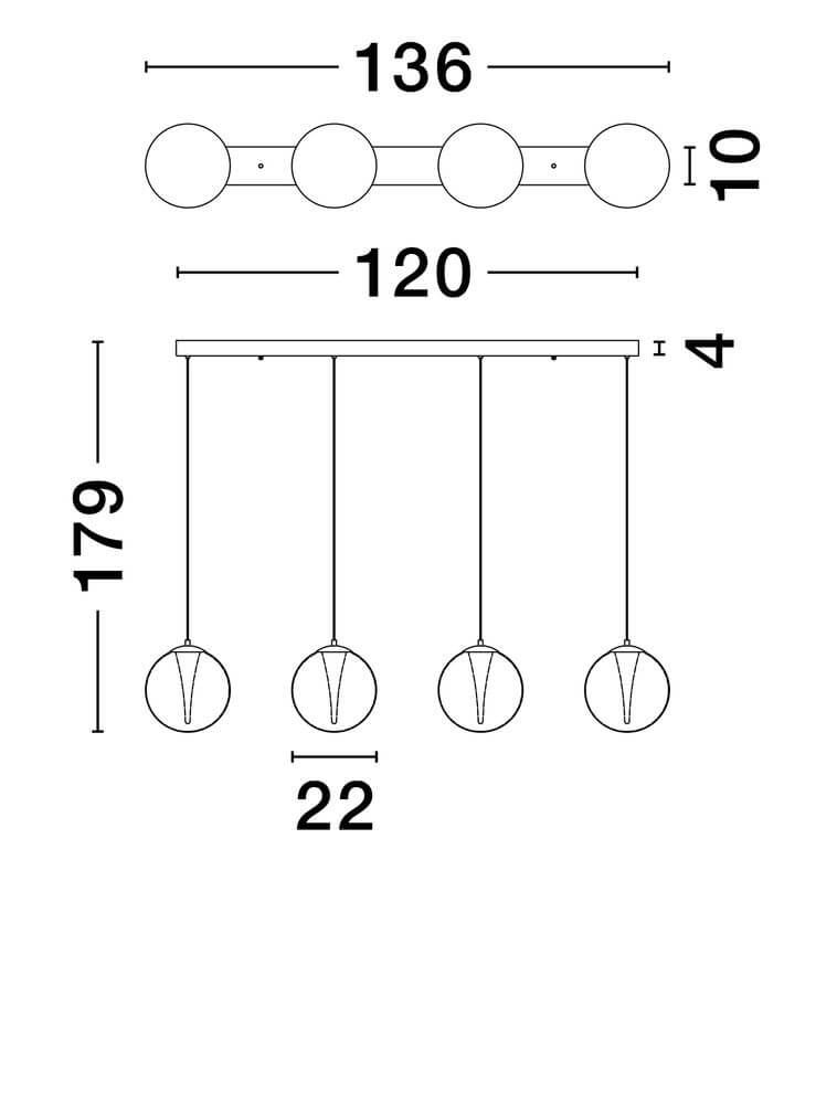 Galeo Pendelleuchte 4-flammig Balken 120cm 3000K Gold technische Skizze mit Abmessungen