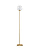 Galeo Stehlampe 3000K Gold mit schlankem Aluminiumfuß und zylindrischem Glasschirm in elegantem Goldfinish.