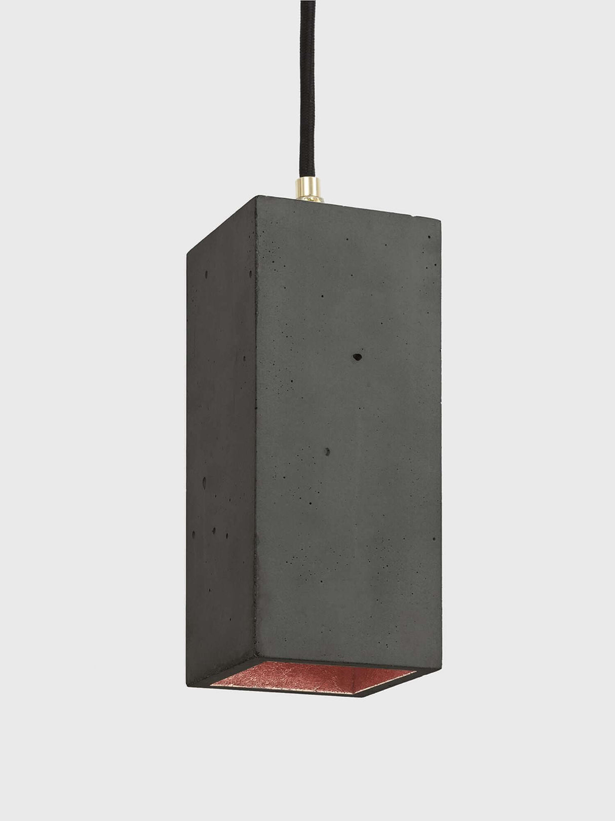 Gantlights B2 Pendelleuchte Rechteckig aus hellem Beton, schwarze Außenseite, kupferfarbene Innenbeschichtung, moderne Hängelampe