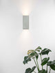Alt Tag: Gantlights B8 Beton Wandlampe rechteckig Up & Down an weißer Wand mit warmem Up-&-Down Licht und Pflanzenakzent