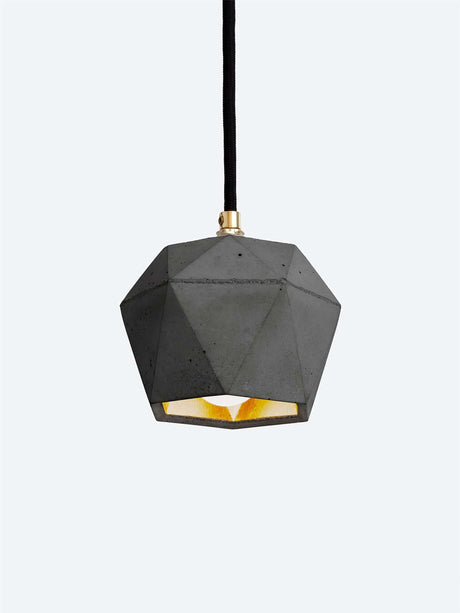Gantlights T2 Hängelampe Beton dimmbar - futuristische Pendelleuchte aus handgegossenem Beton mit goldener Innenbeschichtung.