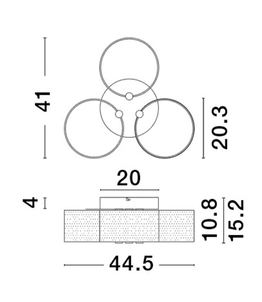 Gatlin LED Deckenleuchte 3-flammig Ø 44cm 3000K Messing-Gold technische Zeichnung mit Maßen (Ø44,5 cm, Höhe 15,2 cm)