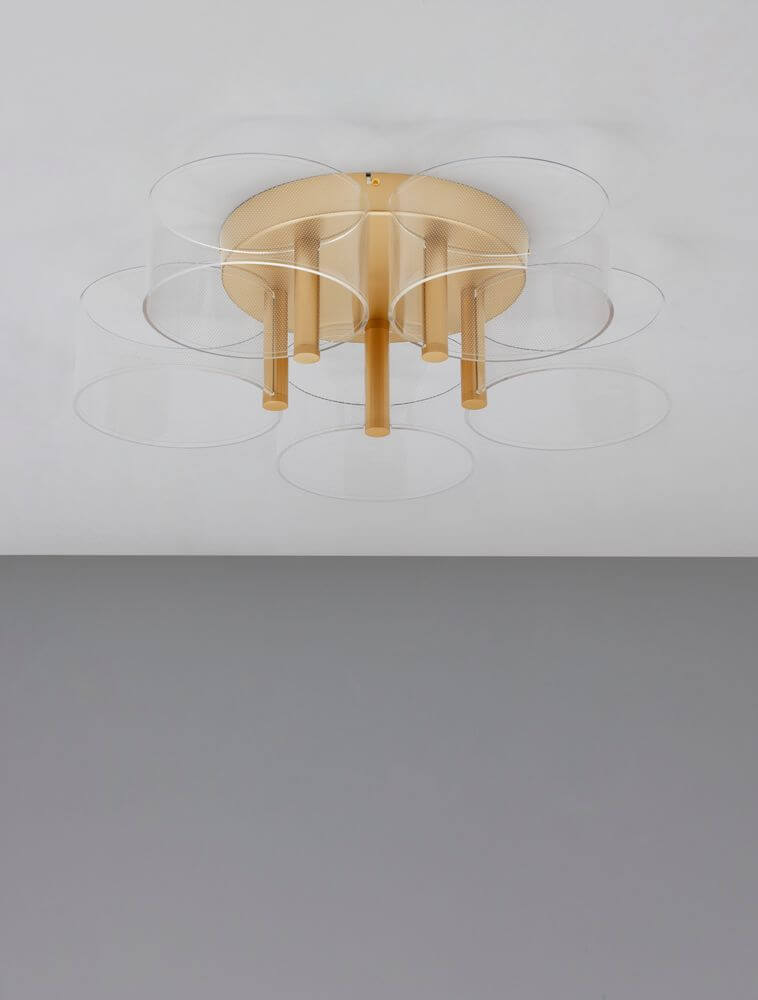 Gatlin LED Deckenleuchte 5-flammig Ø 56cm 3000K Messing-Gold mit transparenten Acrylschirmen.