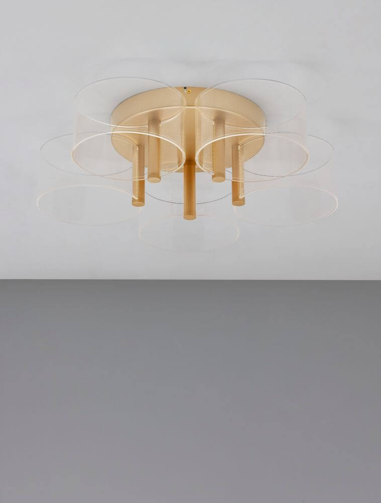 Gatlin LED Deckenleuchte 5-flammig Ø 56cm 3000K Messing-Gold in modernem Design mit Acrylschirmen.