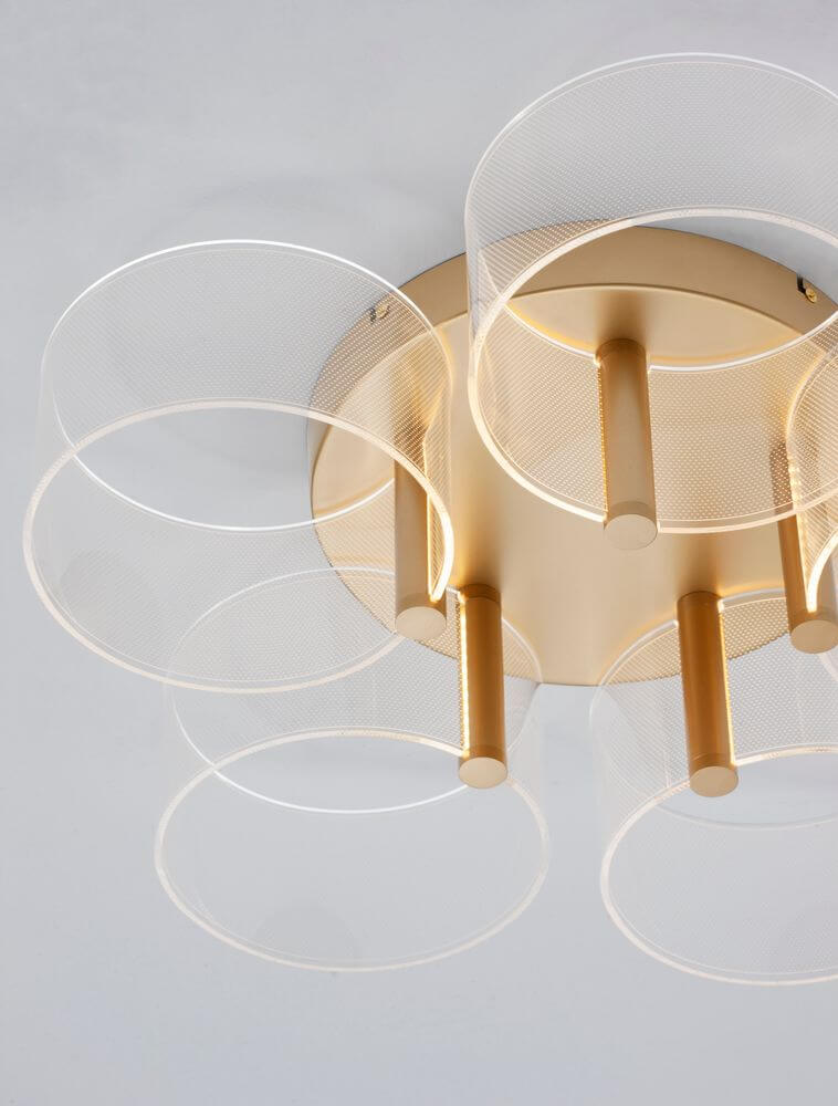 Gatlin LED Deckenleuchte 5-flammig Ø 56cm 3000K Messing-Gold mit eleganten Acrylschirmen und Metallarmen.
